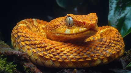 Fototapeta premium A vibrant orange snake coiled among foliage.