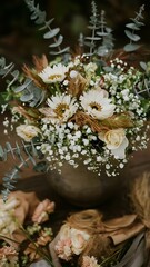 Elegant wild flowers bouquet, rustic wedding floral arrangement, vintage style flowers, baby's breath flower, eucalyptus branches, forest bridal shower flowers