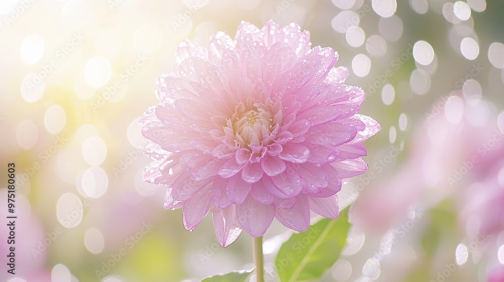 Poster Pink Dahlia Flower with Dew Drops in Soft Sunlight and Bokeh Background