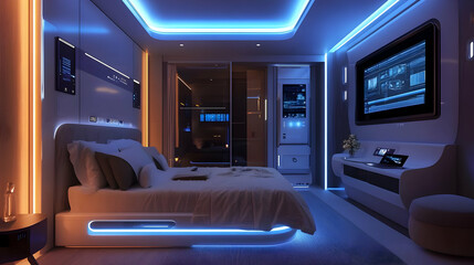 Fototapeta premium Futuristic Bedroom Interior Design with Blue LED Lighting - 3D Illustration