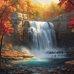 Serene Waterfall Surrounded by Autumn Foliage
