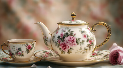 A beautiful porcelain teapot with floral patterns and gold trim, sitting on top of an elegant saucer next to matching cups