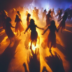 Fototapeta premium Spooky Shadows on Halloween Dance Floor - Ghostly Figures Moving under Strobe Lights