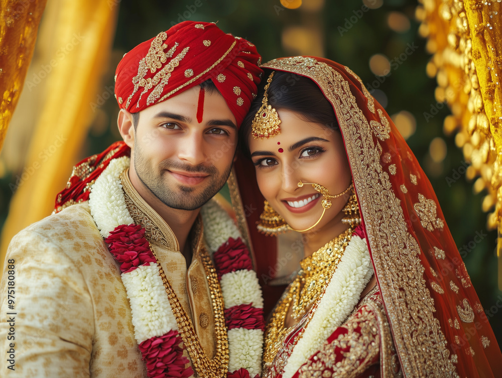 Wall mural indian couple in traditional dress celebrating wedding ceremony