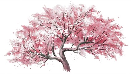 Watercolor spring blooming cherry tree branches illustration, hand painted isolated on a white background
