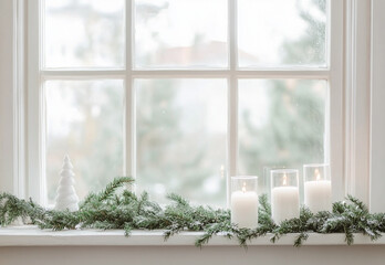 This still life on a wooden window shelf features scented candles and pine branches, evoking a warm, cozy Christmas ambiance.