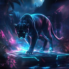 "Mystical Neon Panther in a Surreal Landscape"