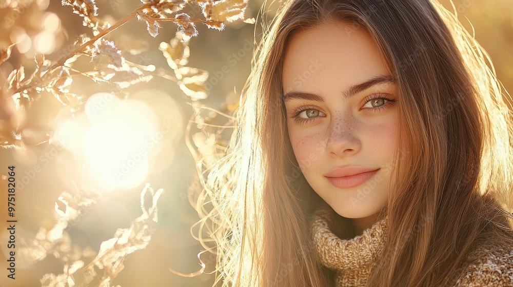 Wall mural beautiful young woman with freckles in autumn landscape with golden light