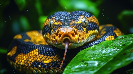 Obraz premium A close-up of a vibrant snake resting on a leaf in a rainforest.