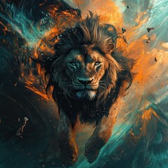 Majestic Lion Emerging from Colorful Waves