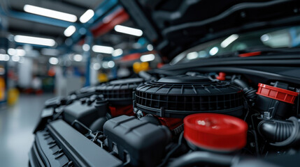 Close-up of an engine bay in a modern car within a workshop, showcasing the detailed components and automotive engineering.