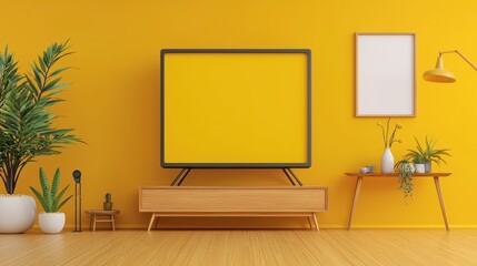 Yellow Minimalist Living Room Interior with TV Stand and Plants