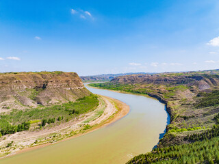 Sunny summer day in the Yellow River Snake Bend Geological Park in Yonghe, Linfen, Shanxi