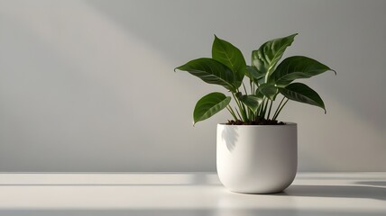 A green leafy plant in a minimalist white pot.