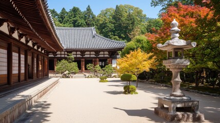 Naklejka premium Japanese Temple Garden with Stone Lantern and Traditional Architecture
