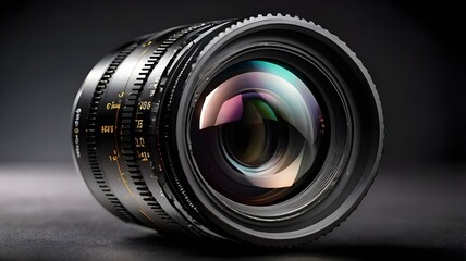 A black camera lens with detailed glass and reflections.