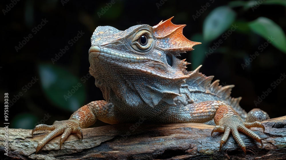 Poster a close-up of a spiky lizard resting on a log.