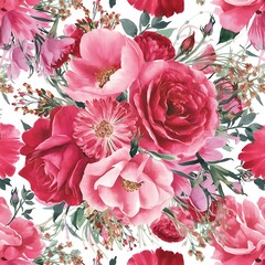 Watercolor floral seamless pattern of pink and red roses and wildflowers, illustration on white background