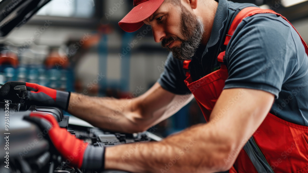 Poster mechanic in red overalls closely inspecting a car engine, representing professional automotive diagn