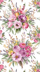 Watercolor spring floral bouquets, branches and leaves seamless pattern, hand painted on a white background