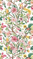 Watercolor spring floral bouquets, branches and leaves seamless pattern, hand painted on a white background