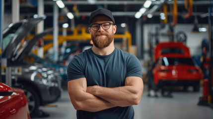 Fototapeta premium Portrait of a confident mechanic standing with arms crossed in a busy auto repair shop, conveying professionalism and expertise.