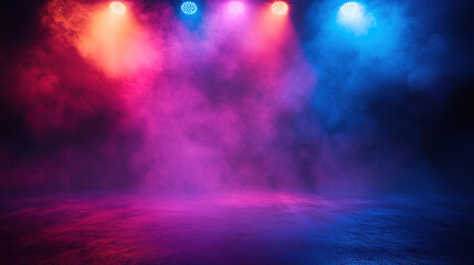 Fototapeta premium An empty stage with colorful spotlights and smoke, creating an atmospheric background for a concert or performance