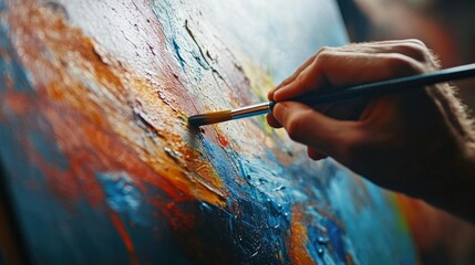 Close-up of an artist hands painting on a canvas with vibrant colors and brushstrokes