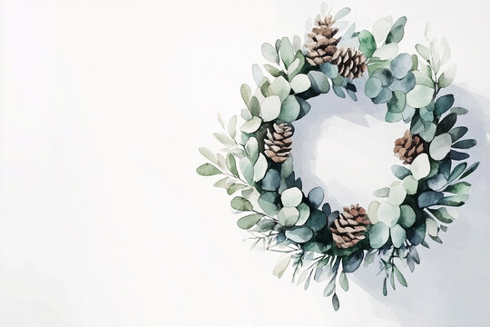 A rustic wreath made of evergreen branches and holly hangs as a beautiful eco-friendly Christmas decoration. Copy spece background
