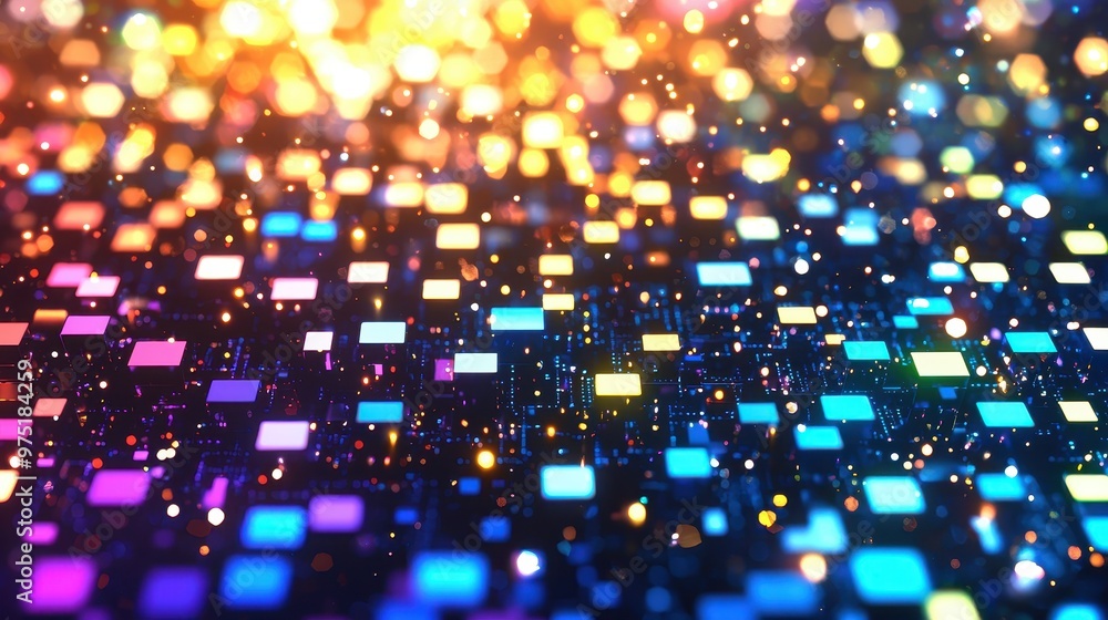 Poster abstract digital technology background with colorful lights and bokeh