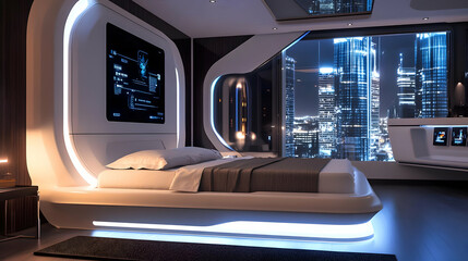Futuristic Bedroom Interior Design with City Skyline View - 3D Illustration