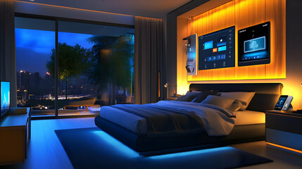 3D Render of Modern Bedroom with Smart Home Technology and City View