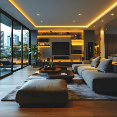 Modern Living Room Interior Design with a TV Wall Unit, 3D Illustration