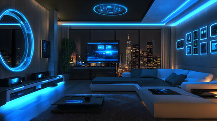 Futuristic Living Room with Cityscape View - 3D Illustration