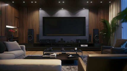 Modern Home Theater Room with Wood Paneling and Cozy Seating - 3D Illustration