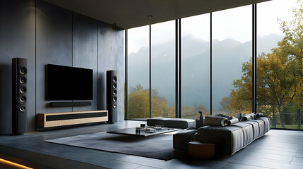 Obraz premium Modern Living Room Interior Design with Black Walls, Large Windows, and a View of Mountains