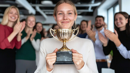 a happy female corporate employee receiving an award, employee of the month, work recognition