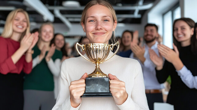 a happy female corporate employee receiving an award, employee of the month, work recognition