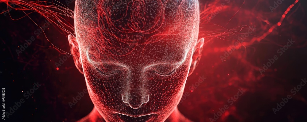 Poster abstract representation of a human head with glowing neural patterns, symbolizing connection and dig