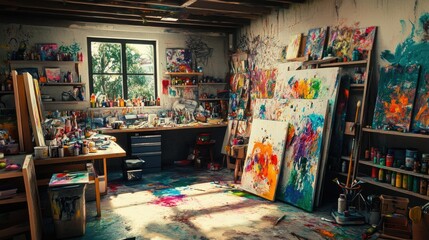 Creative artist  studio with colorful paint splatters  canvases  and art supplies