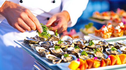 chef cooking a luxurious oysters dish in a restaurant kitchen