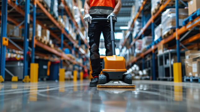 A worker in a high-visibility vest operates a floor cleaning machine in a large warehouse aisle, ensuring cleanliness and safety.