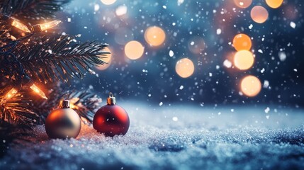 Fototapeta premium Festive christmas winter background featuring snow and blurred bokeh for holiday greetings