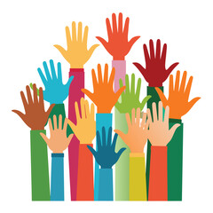 Fototapeta premium A diverse group of hands in various colors and sizes is raised high representing unity support and active participation in a community event outdoors