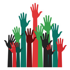 Obraz premium A diverse group of hands is raised in solidarity showcasing a colorful representation of community support empowerment and togetherness during an event