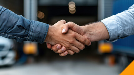 Close-up view of two people shaking hands, symbolizing a successful business deal, partnership, or agreement, with blurred background.