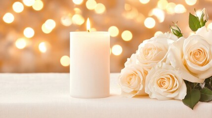 White Candle and Roses on White Fabric with Bokeh Background