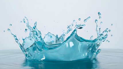 82. **A vivid 3D render of a water splash in gradient shades from teal to blue, with lively droplets, set against a pristine white background
