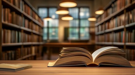 The background of a bright public library room features blurry bookshelves, a stack of books, and an open book on the desk.