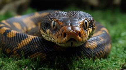 A close-up of a vibrant snake resting on green grass.